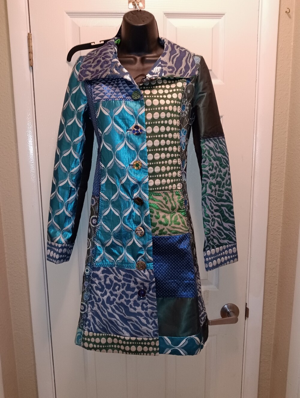 Nwt Desigual Teal & Navy Patchwork Trench Coat Sz 38 (US 4-6)